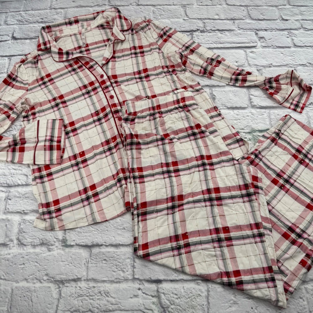 Soma Cool Nights Pajamas 2 Piece Set Red White Gold Plaid Button Front Medium